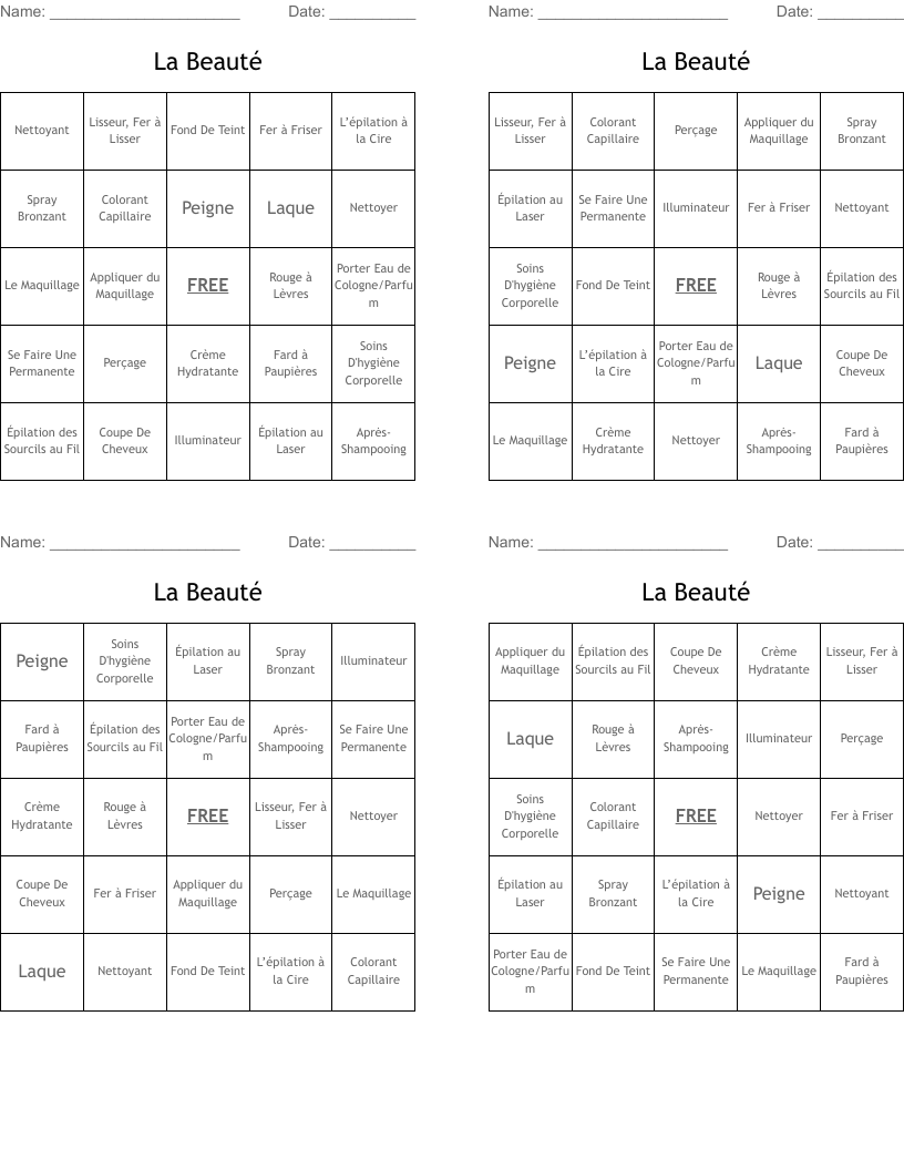 La Beauté Bingo Cards