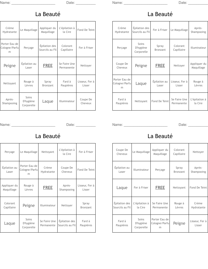 La Beauté Bingo Cards