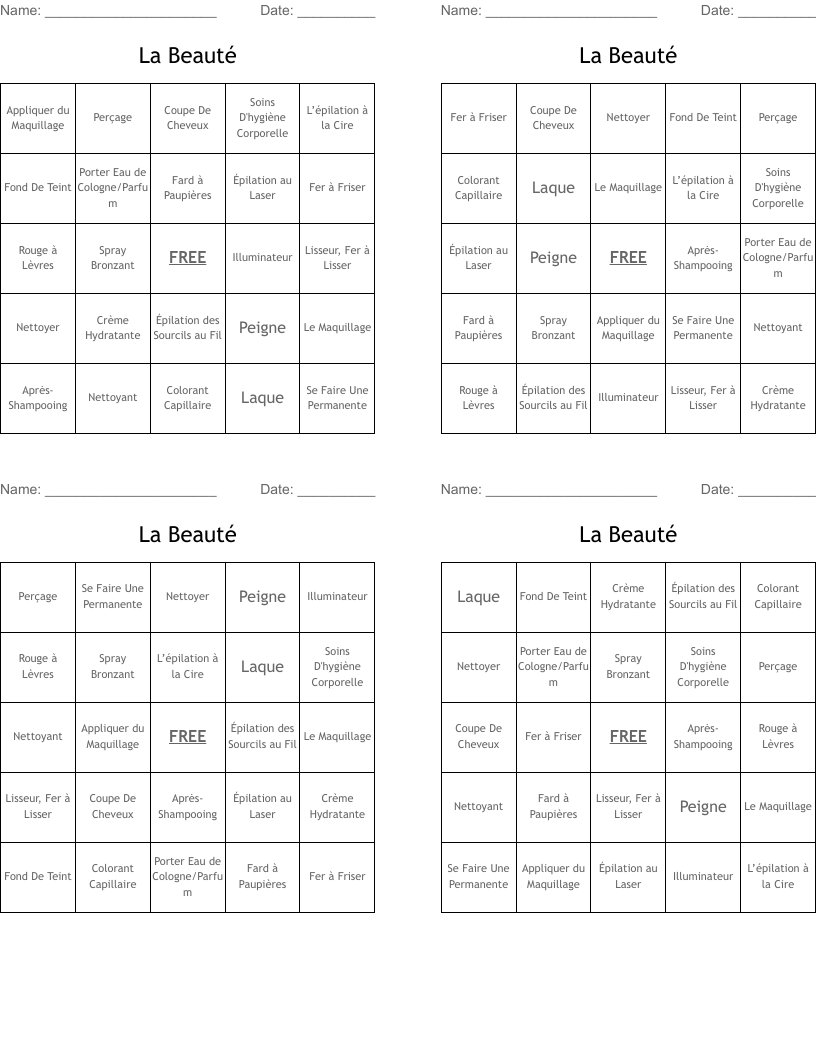 La Beauté Bingo Cards