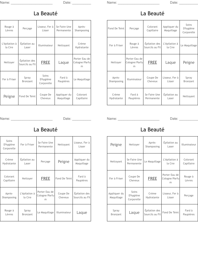 La Beauté Bingo Cards