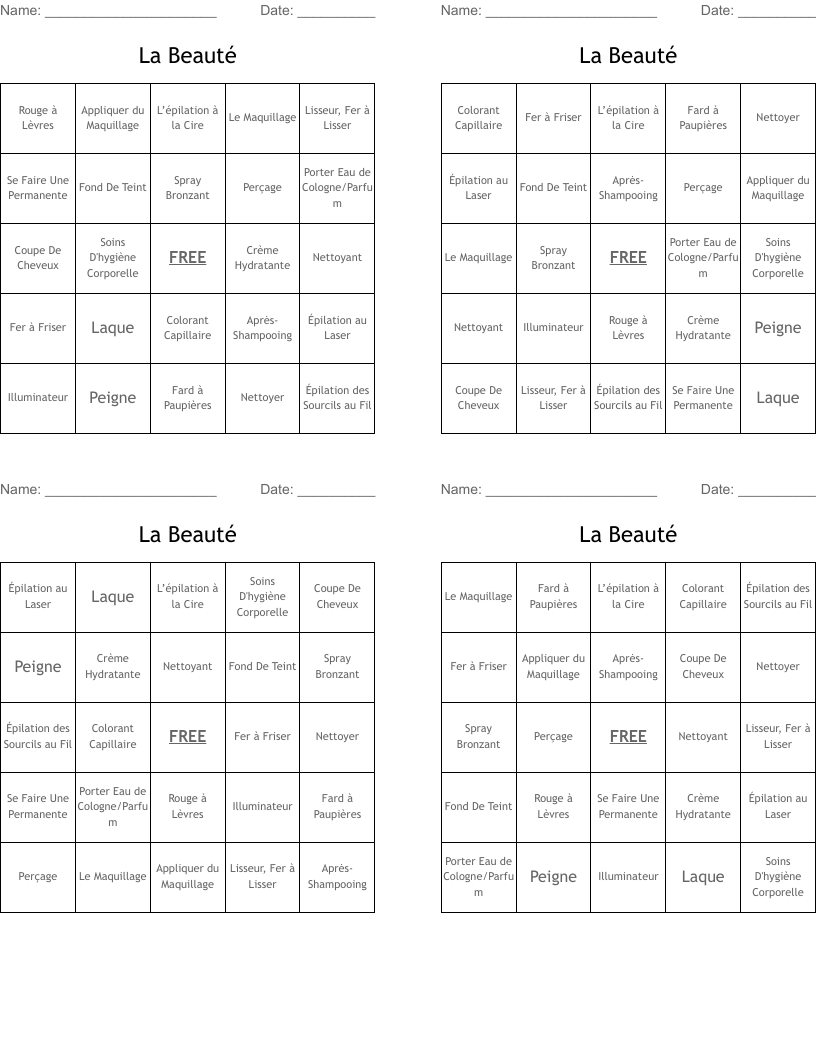 La Beauté Bingo Cards