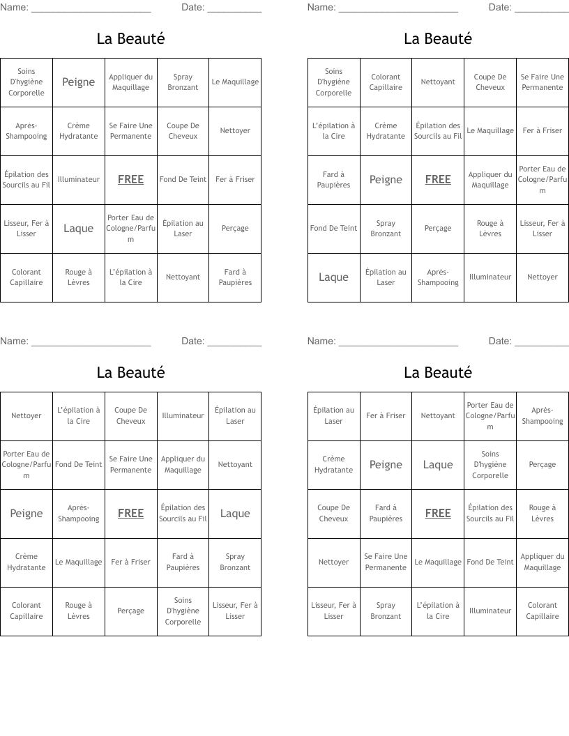 La Beauté Bingo Cards