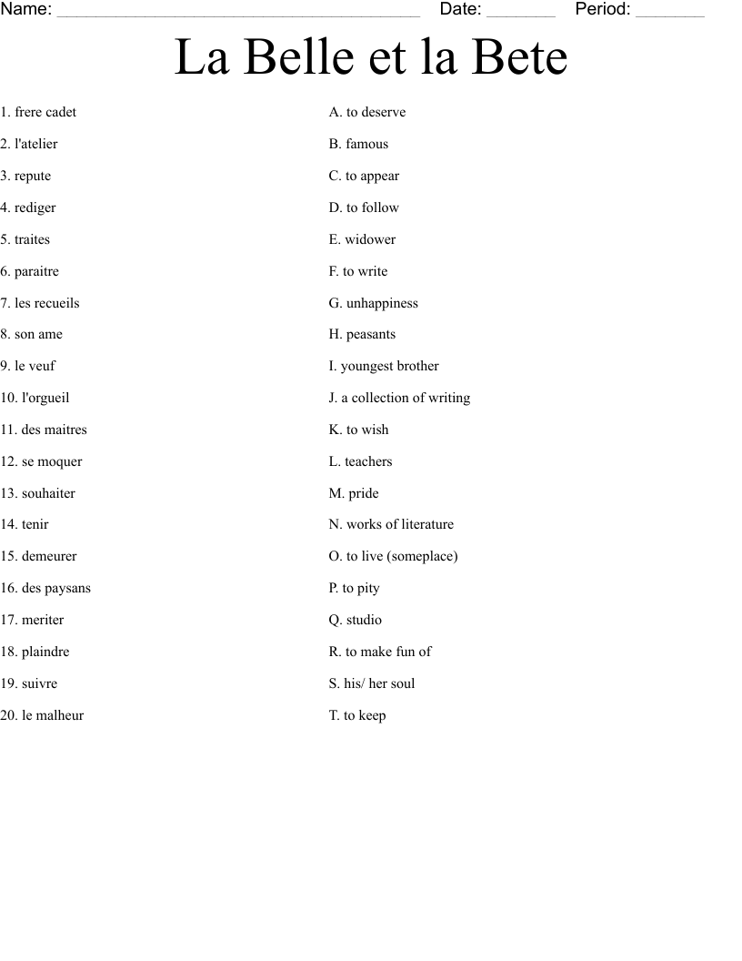La Belle et la Bete Worksheet