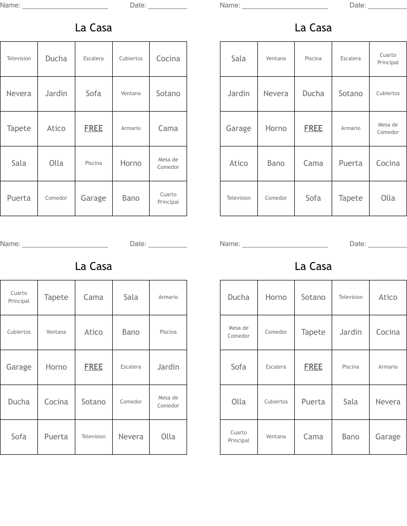 La Casa Bingo Cards