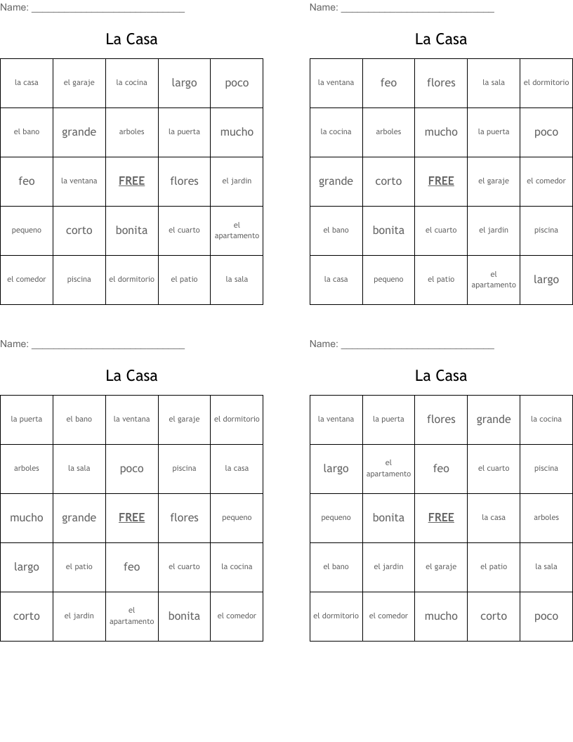 La Casa Bingo Cards