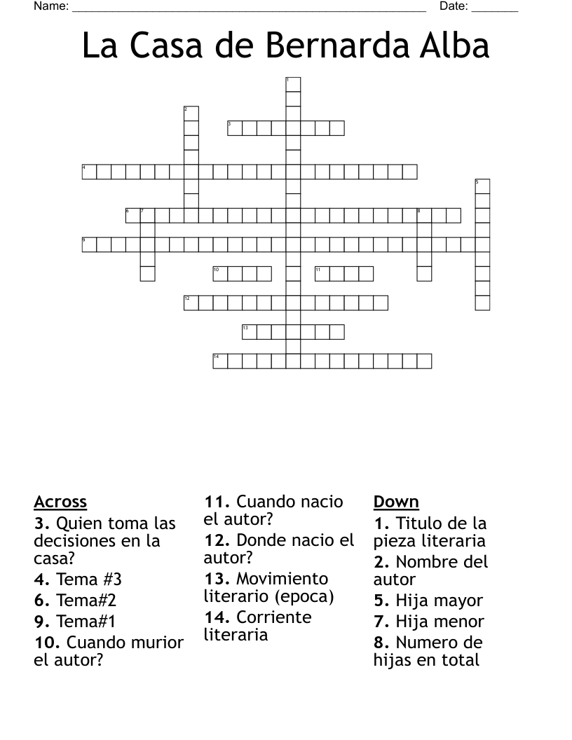 La Casa de Bernarda Alba Crossword