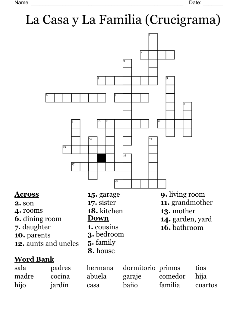 La Casa y La Familia (Crucigrama) Crossword