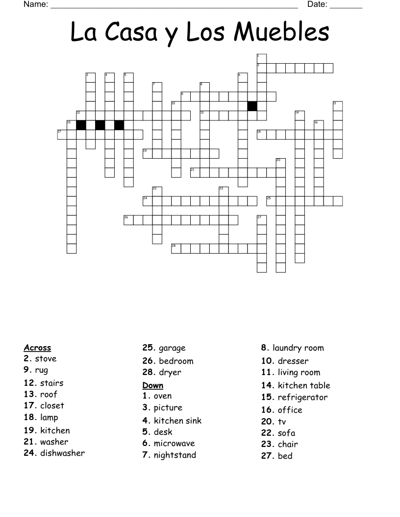 La Casa y Los Muebles Crossword