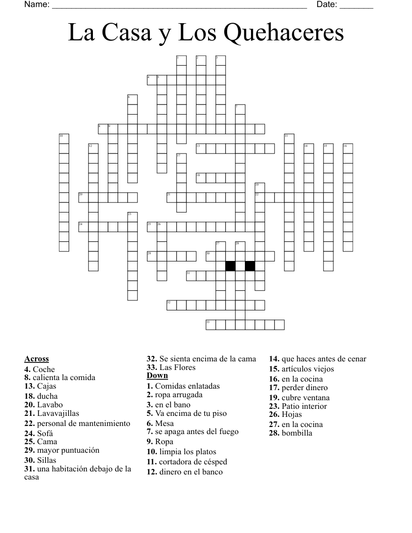 La Casa y Los Quehaceres Crossword