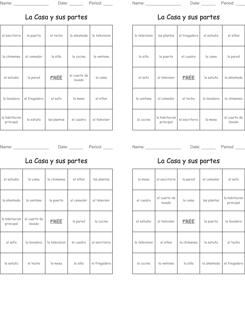 La Casa y sus partes Bingo Cards