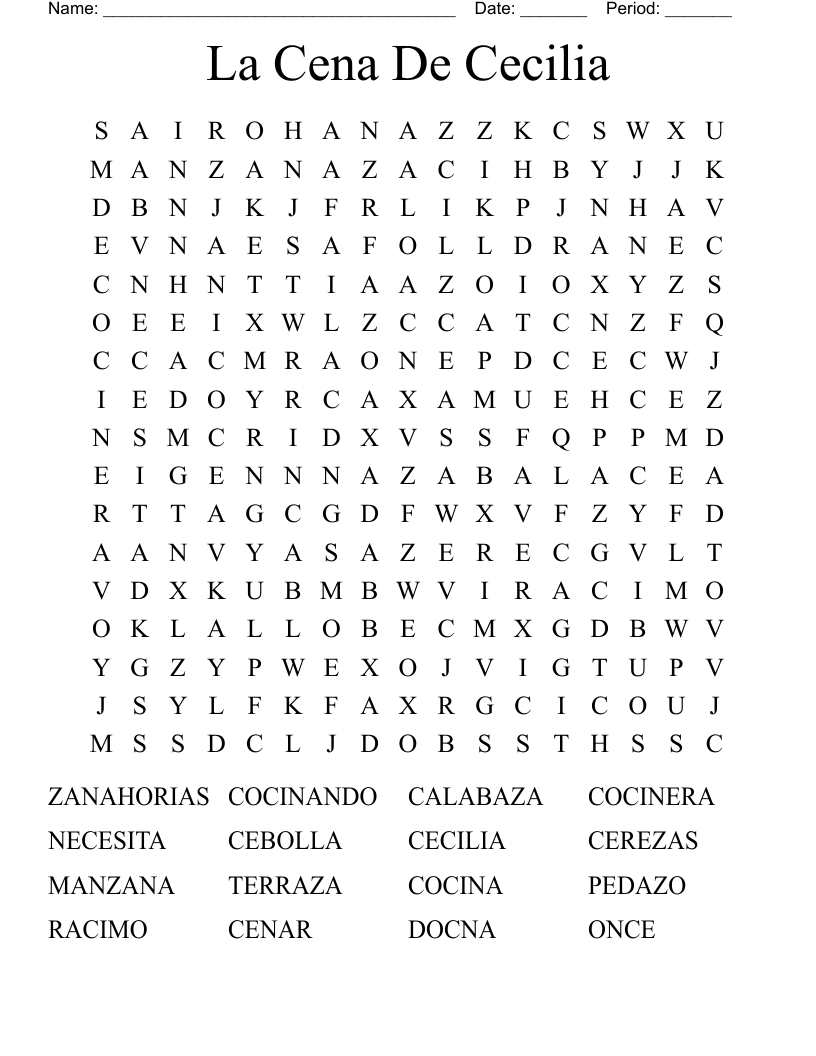 La Cena De Cecilia Word Search