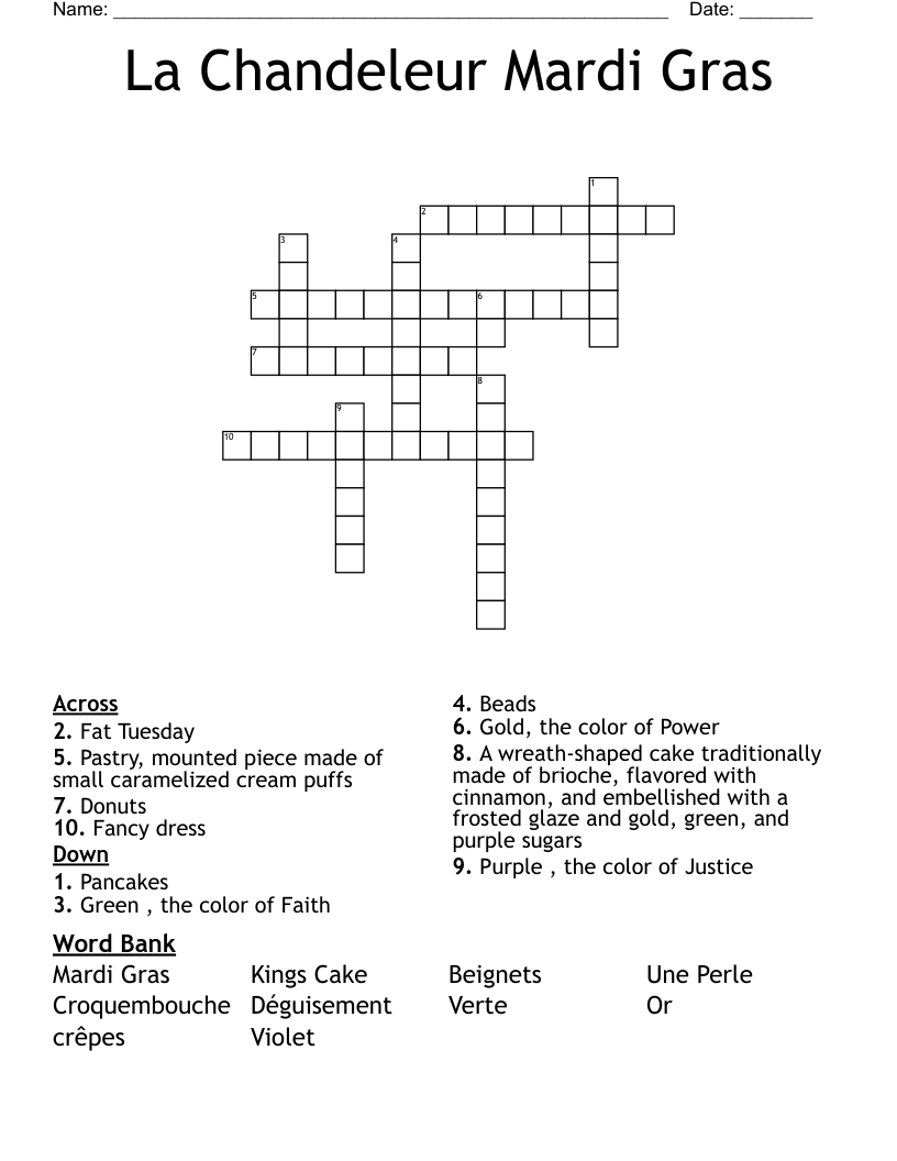 La Chandeleur Mardi Gras Crossword
