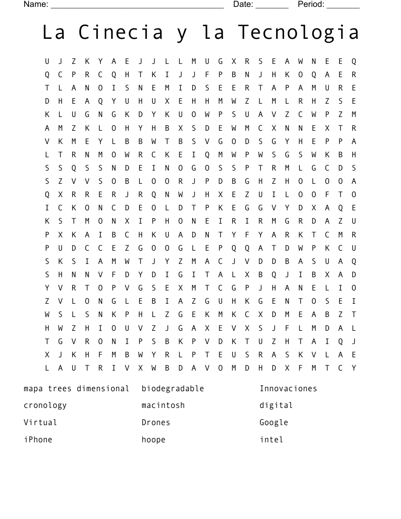 La Cinecia y la Tecnologia Word Search
