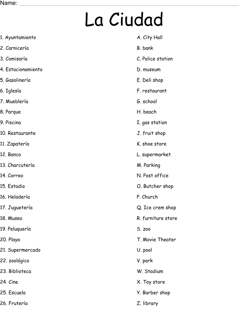 La Ciudad Worksheet
