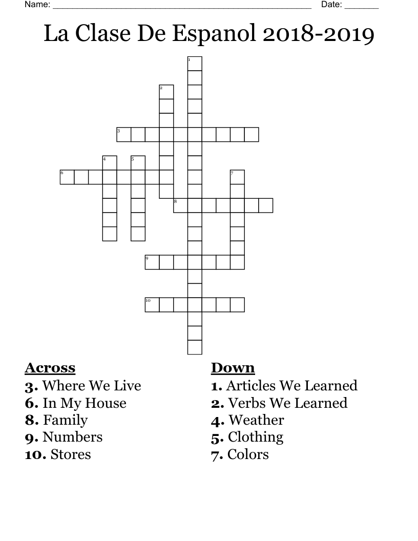 La Clase De Espanol 2018-2019 Crossword