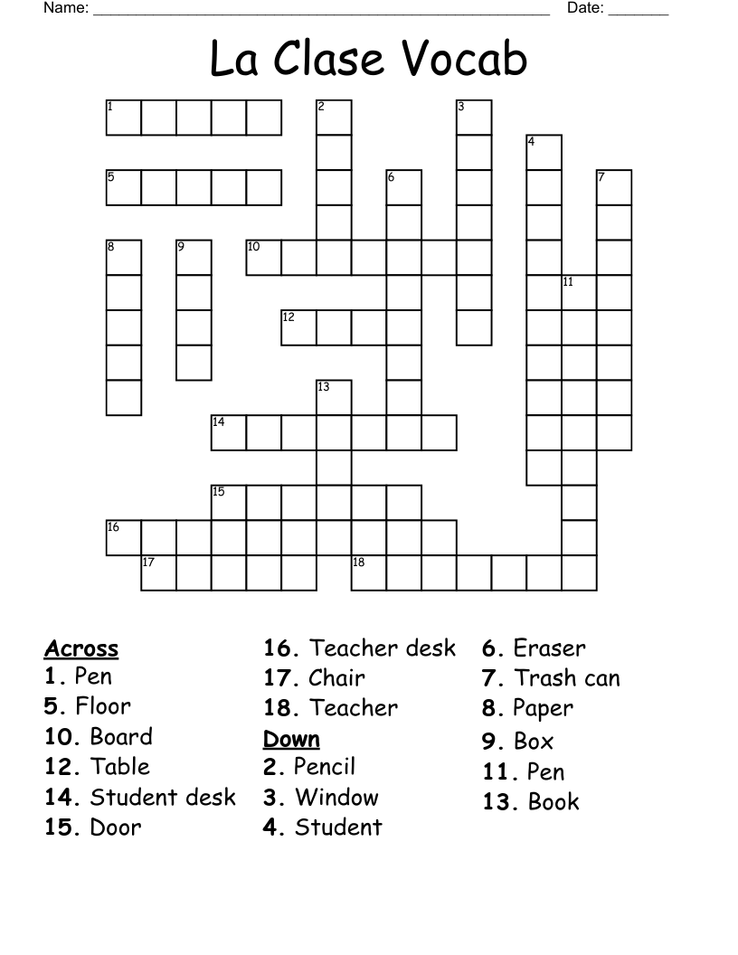 La Clase Vocab Crossword