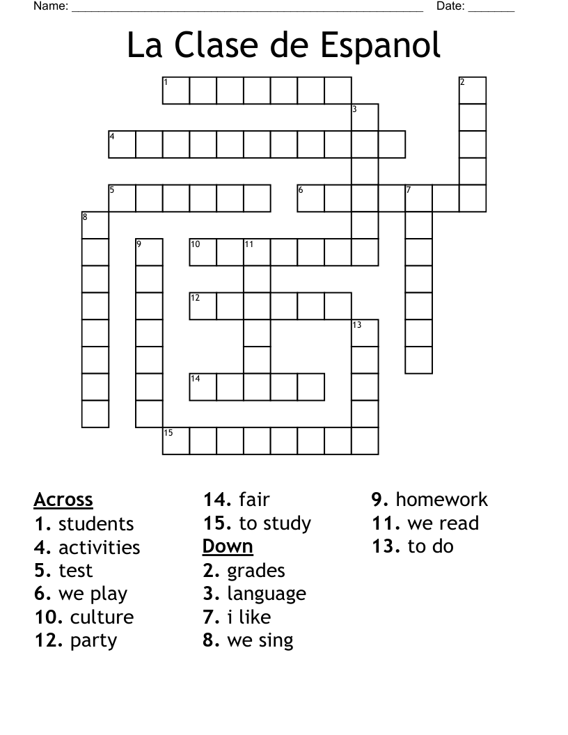 La Clase de Espanol Crossword