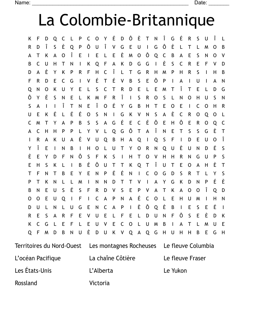 La Colombie-Britannique Word Search