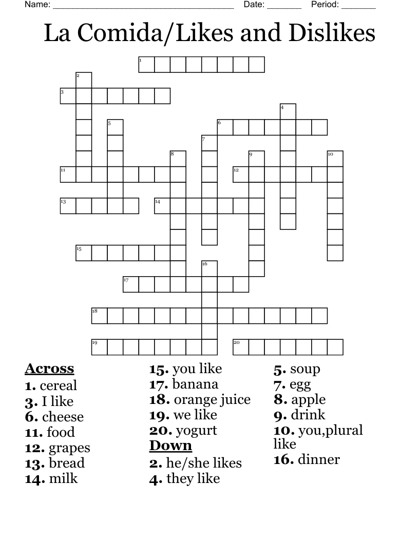 La Comida/Likes and Dislikes Crossword