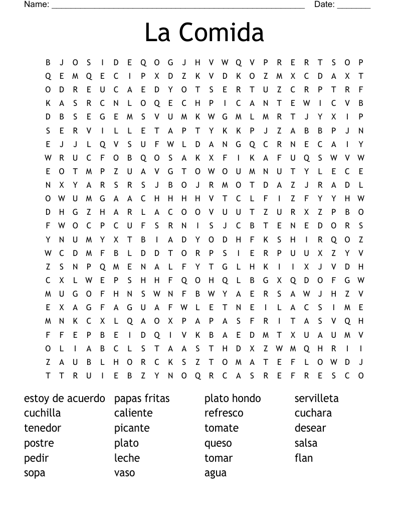 La Comida Word Search
