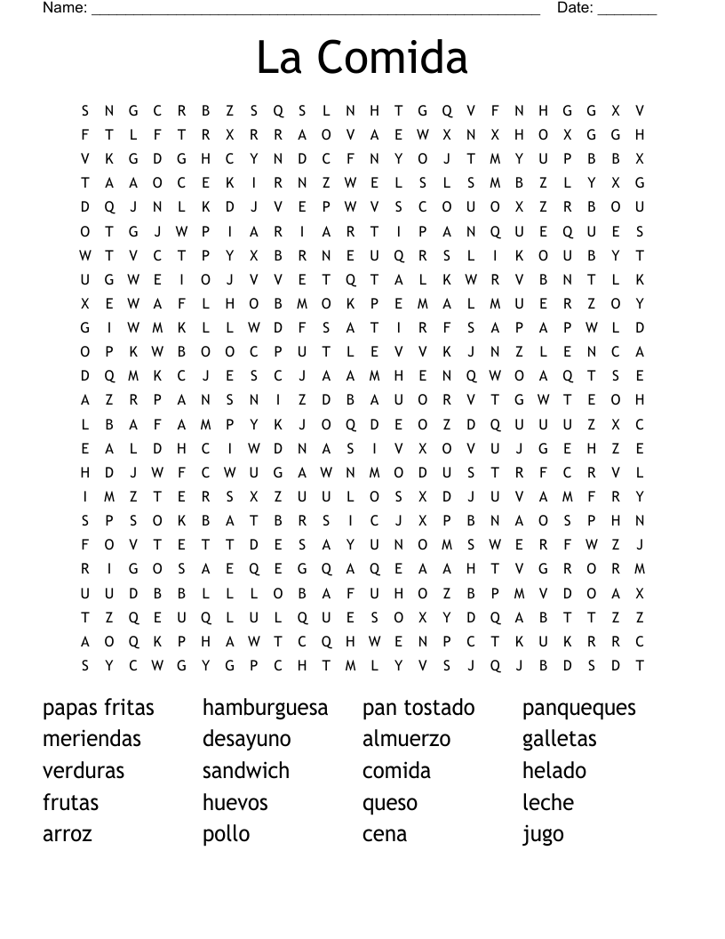 La Comida Word Search