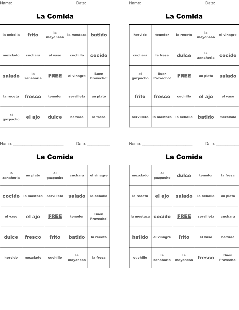 La Comida Bingo Cards