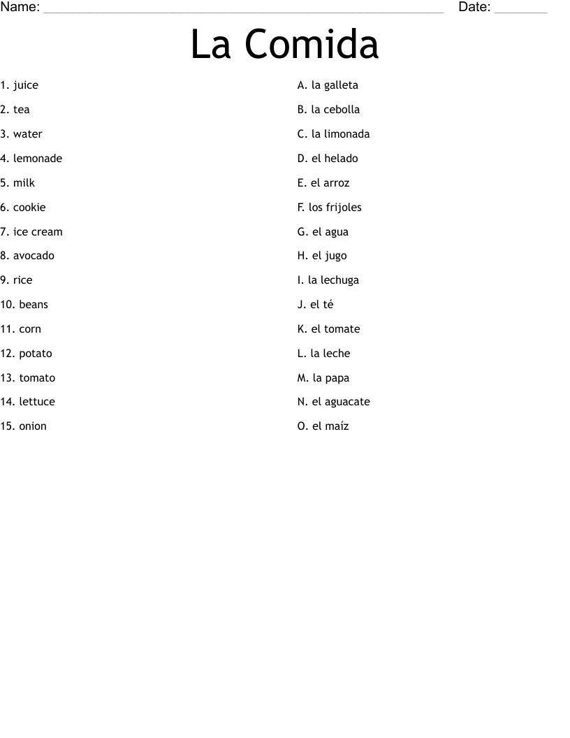 La Comida Worksheet