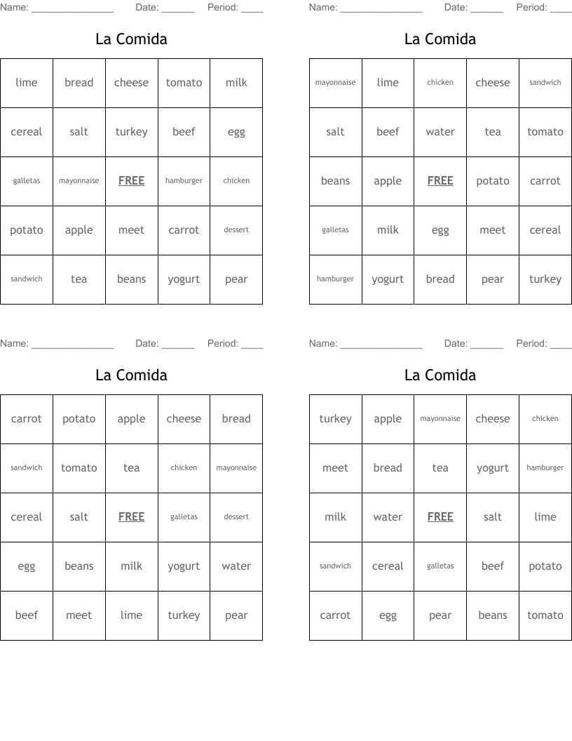 La Comida Bingo Cards