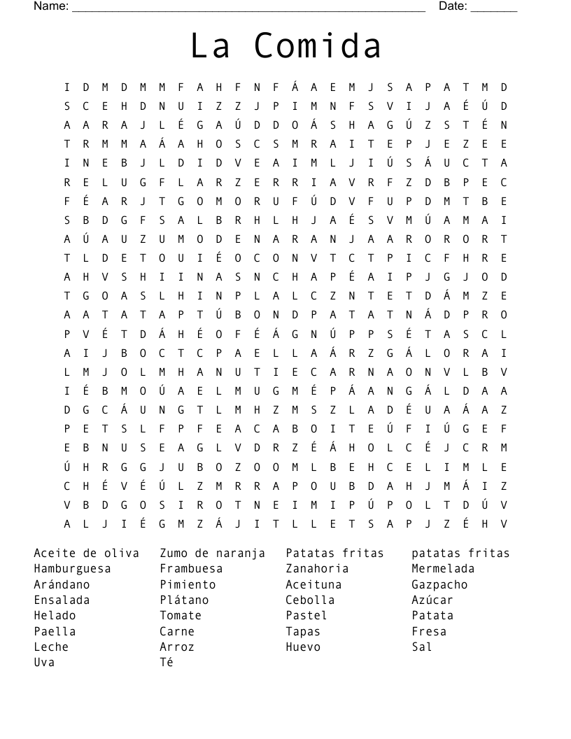 La Comida Word Search