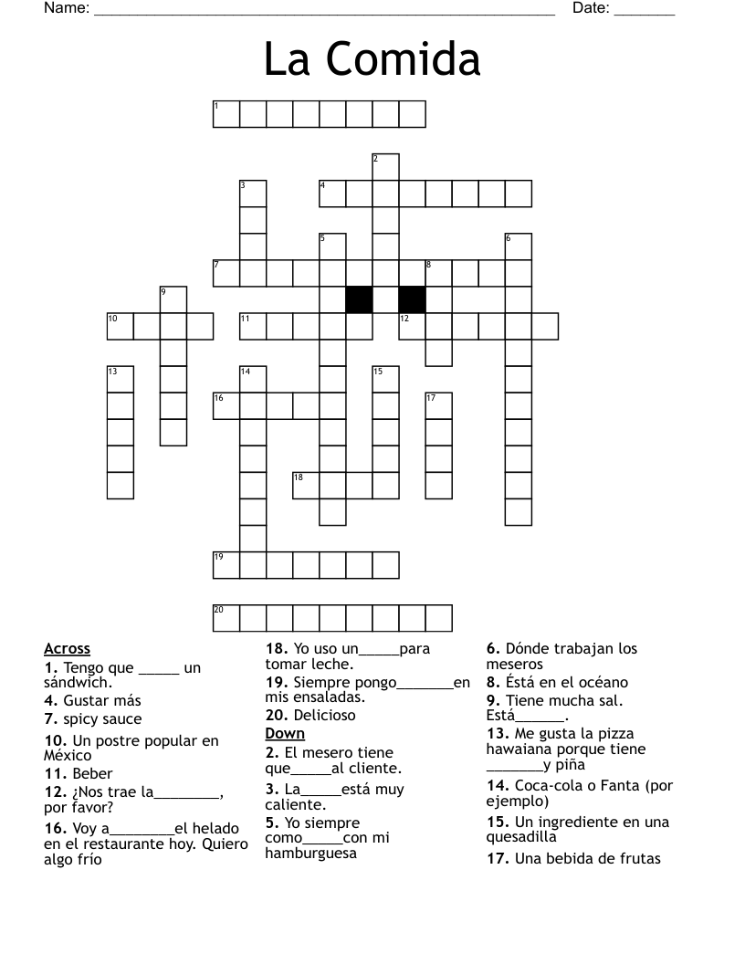 La Comida Crossword