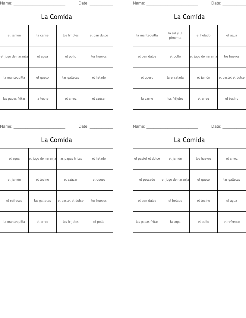 La Comida Bingo Cards
