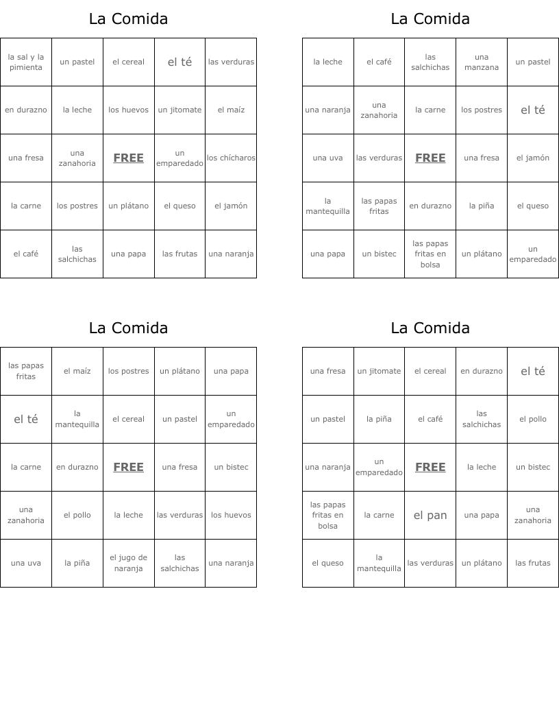 La Comida Bingo Cards