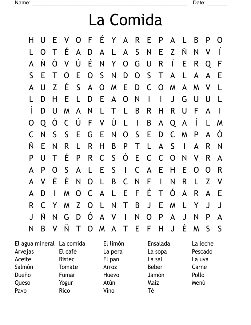 La Comida Word Search