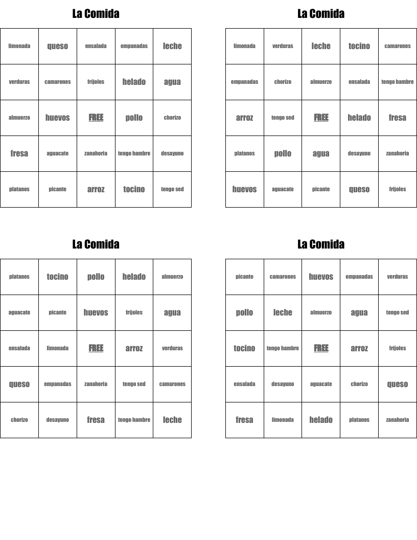 La Comida Bingo Cards