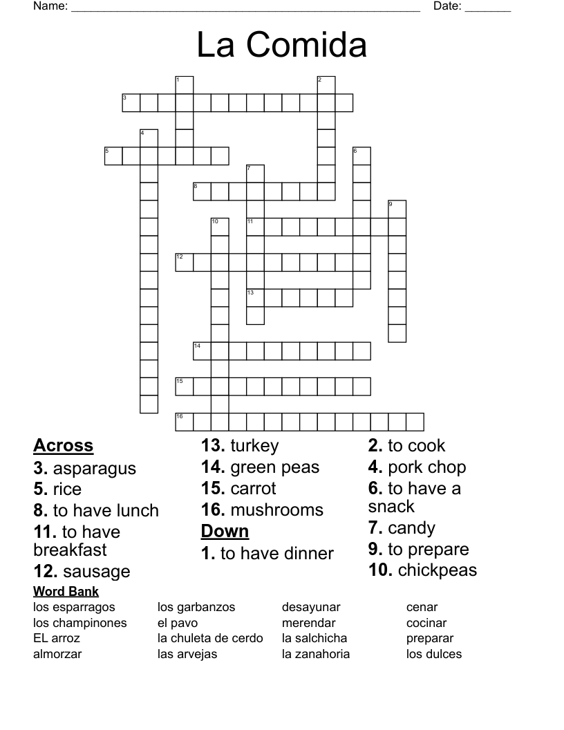 La Comida Crossword