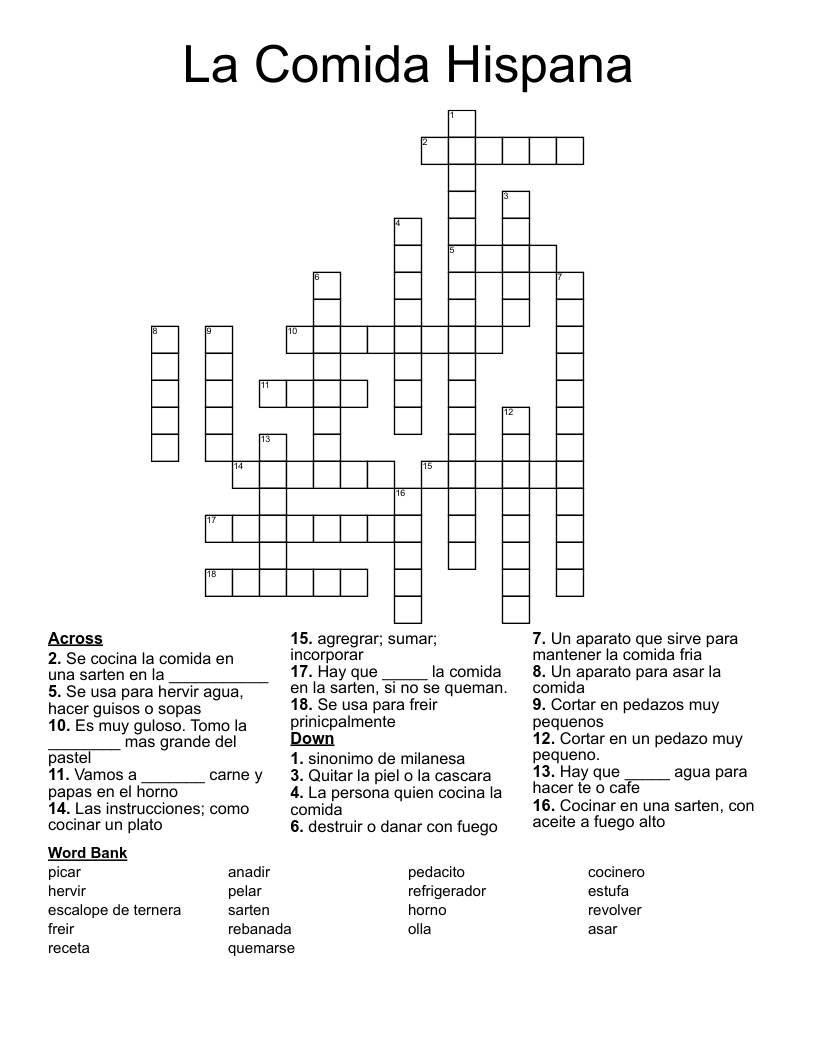 La Comida Hispana Crossword