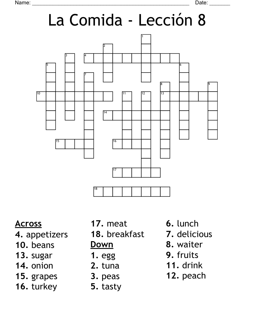 La Comida - Lección 8 Crossword