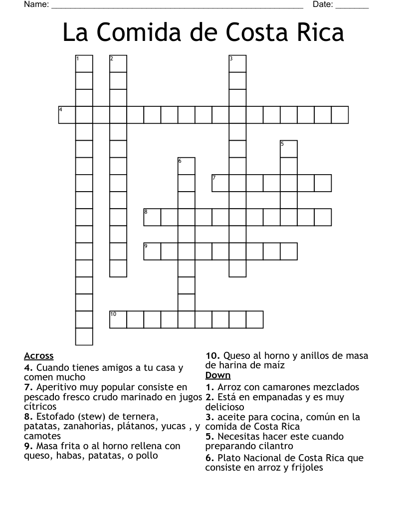 La Comida de Costa Rica Crossword