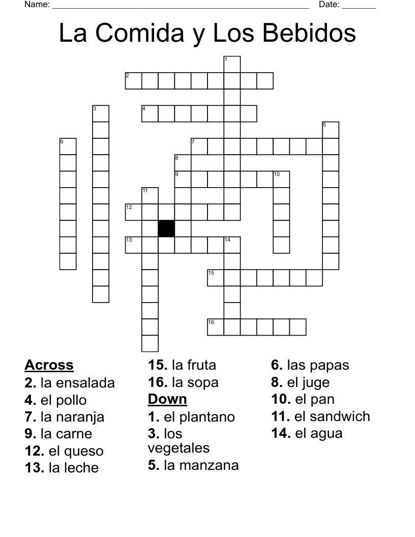 La Comida y Los Bebidos Crossword