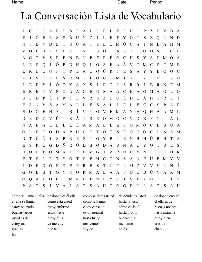 La Conversación Lista de Vocabulario Word Search