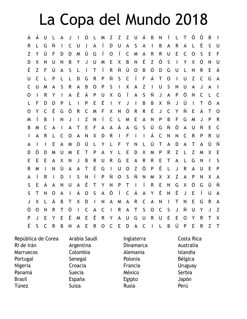 La Copa del Mundo 2018 Word Search