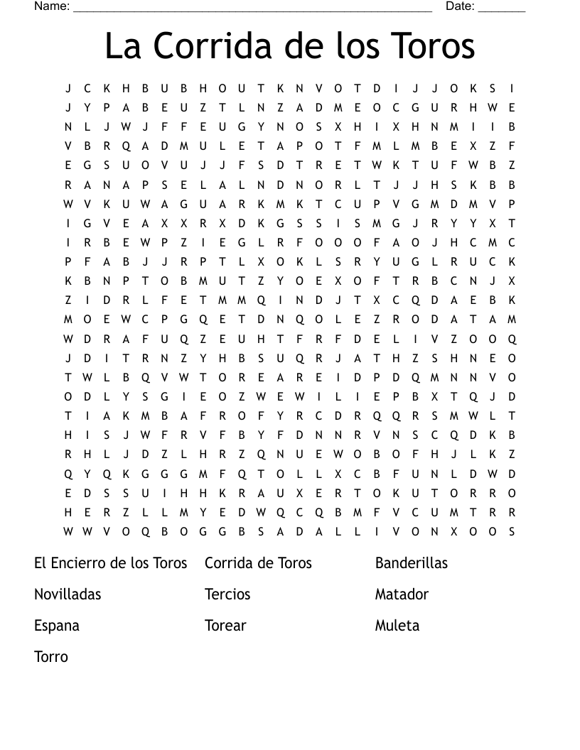 La Corrida de los Toros Word Search