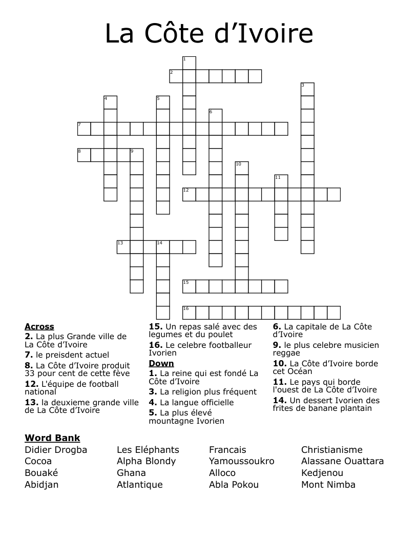 La Côte d’Ivoire Crossword