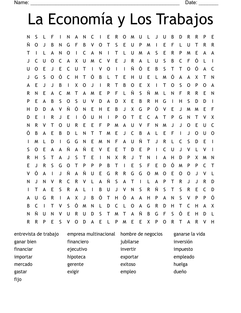La Economía y Los Trabajos Word Search