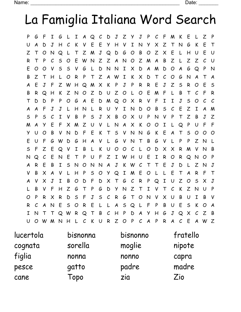 La Famiglia Italiana Word Search