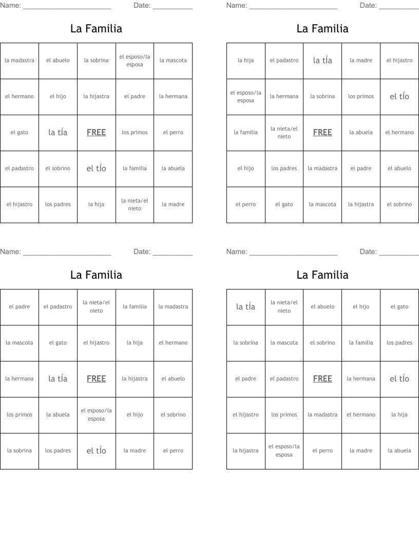 La Familia Bingo Cards