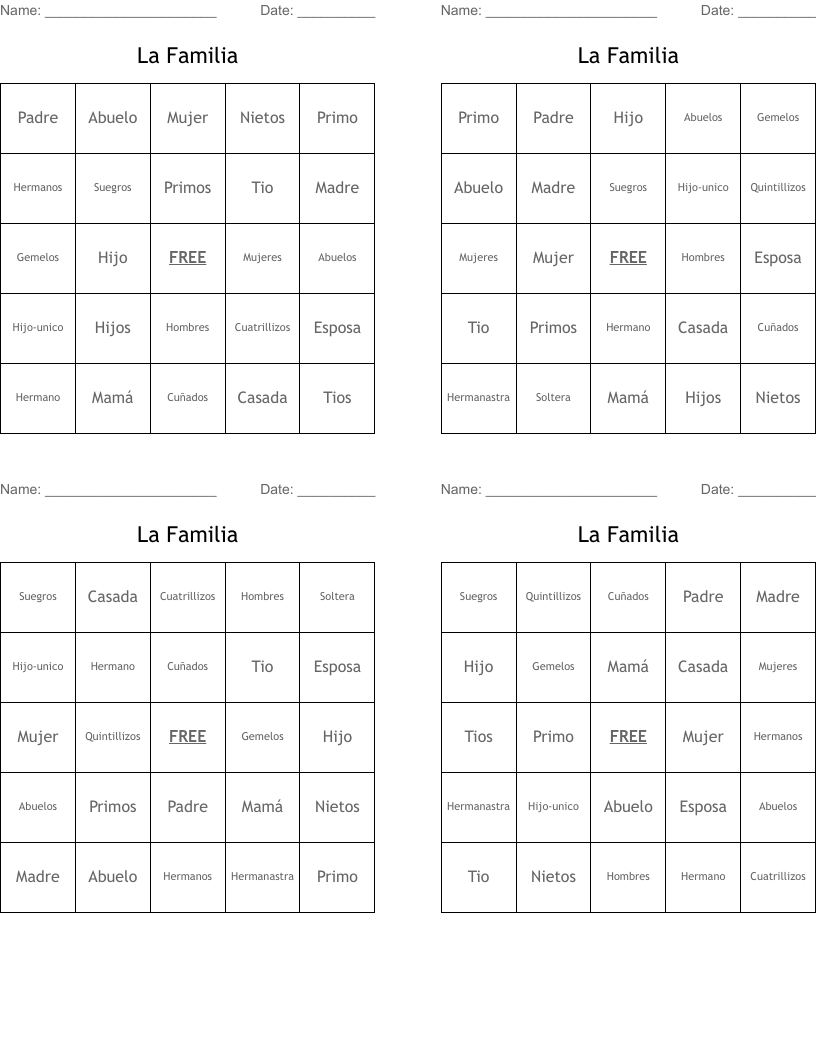La Familia Bingo Cards