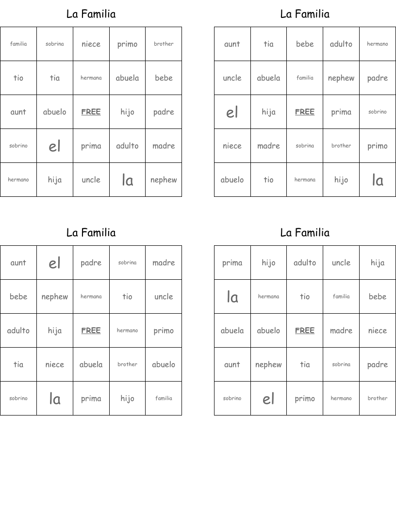 La Familia Bingo Cards