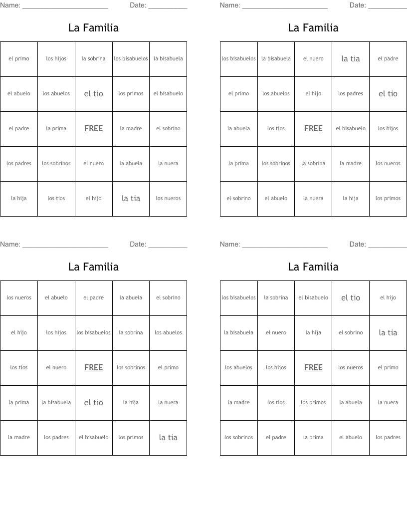 La Familia Bingo Cards