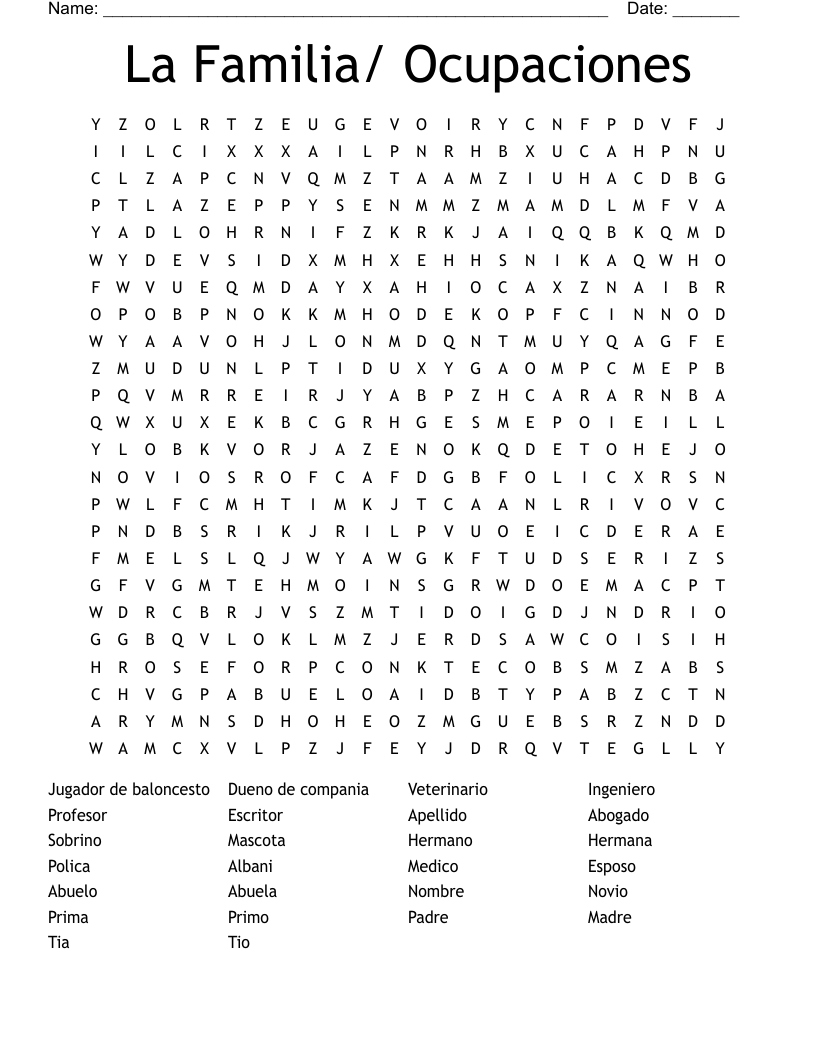 La Familia/ Ocupaciones Word Search